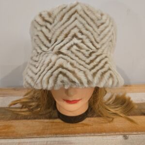 Vintage Ben Berger Womens Hat Luxury Collection Faux Fur Tan Brown Chevron Print
